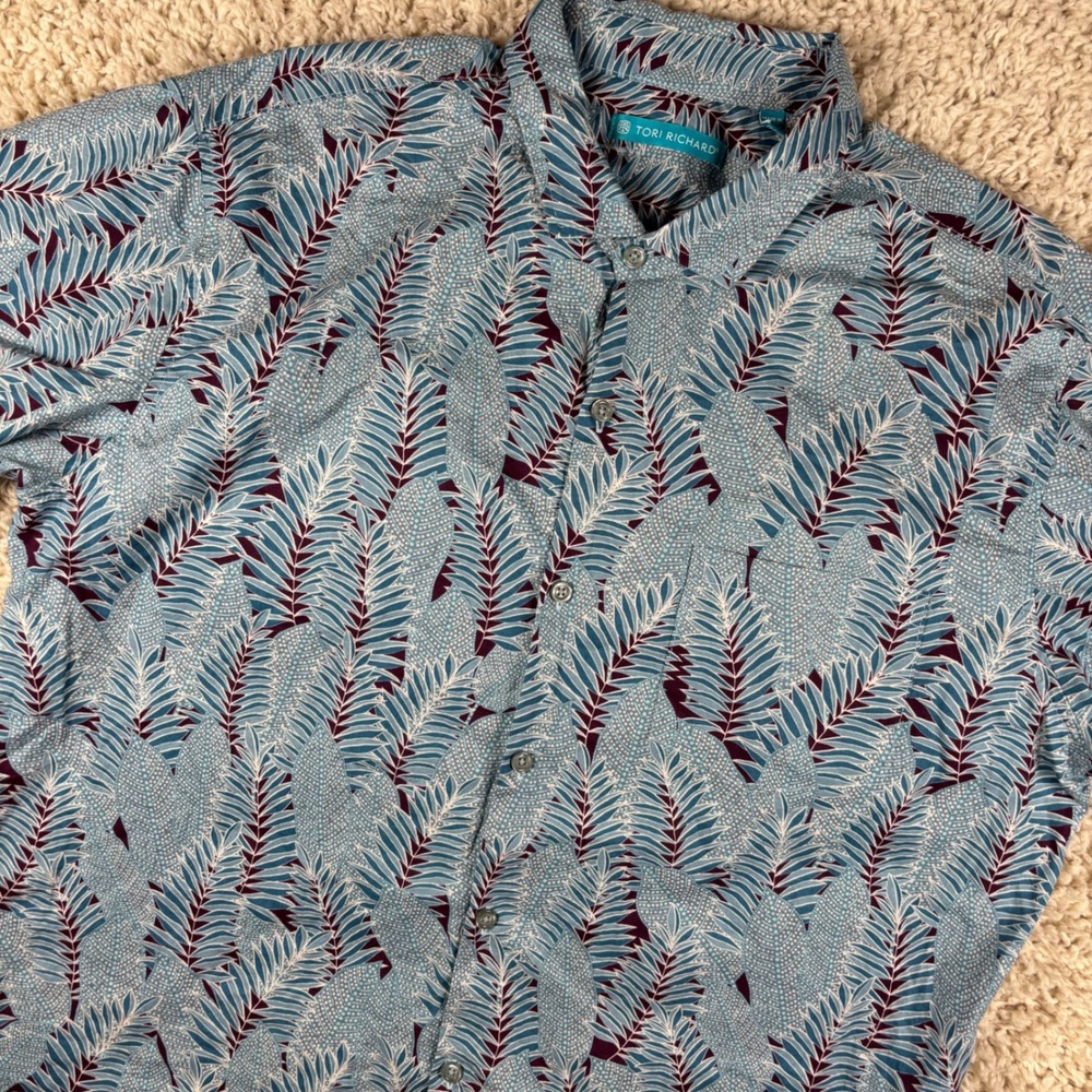 Tori Richard Men's L Blue Purple Leaf Cotton Lawn Hawaiian Shirt Made in Hawaii